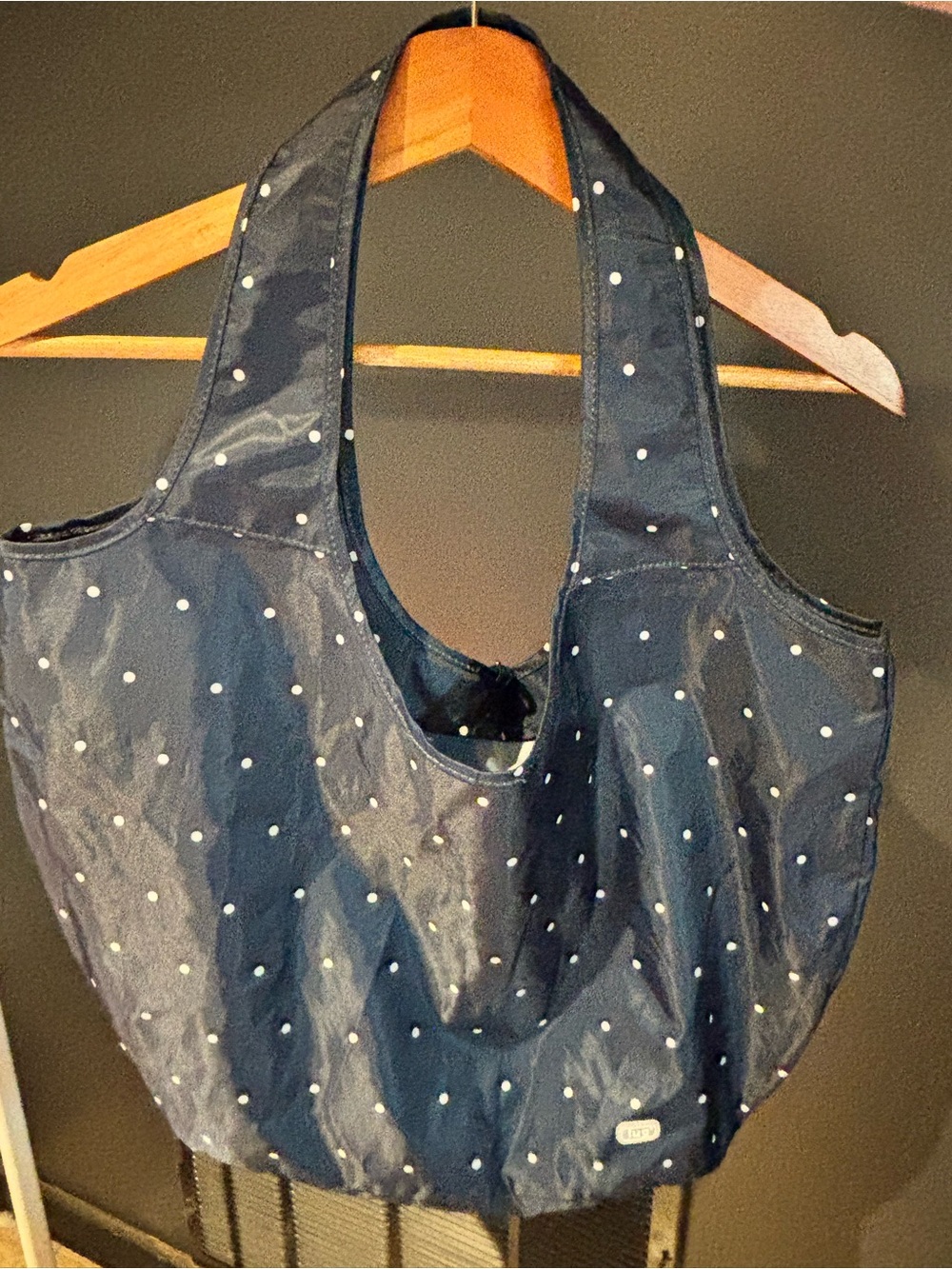 lug Navy with White Polka Dot nylon tote bag - Picture 2 of 5